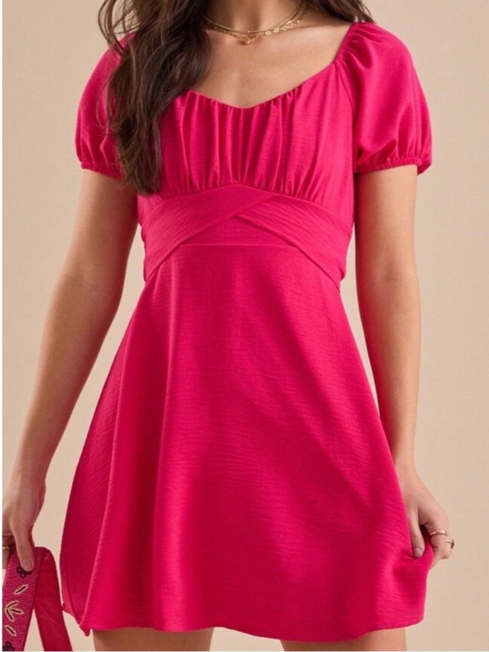 Altar’d State Elsie Puff Sleeve Tie-Waist Mini Dress, Hot Pink — Medium